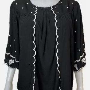 LOFT Black and White Ruffled 3/4 Sleeve Blouse NWOT
